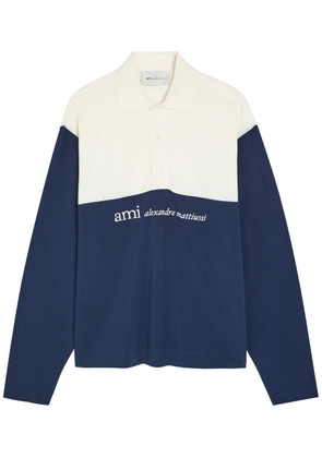 Ami Paris Logo-embroidered Panelled Piqué Cotton Polo Shirt - Cream - M