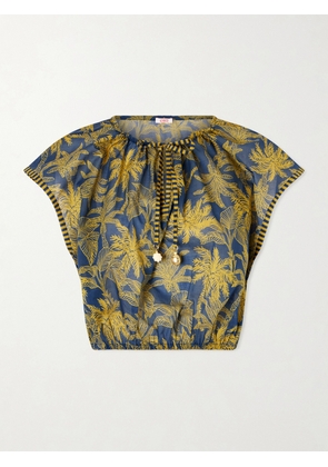 Eres - Crocodile Embellished Printed Cotton-voile Blouse - Blue - small,medium,large