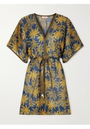 Eres - Peninsule Embellished Printed Cotton-voile Mini Dress - Blue - small,medium,large