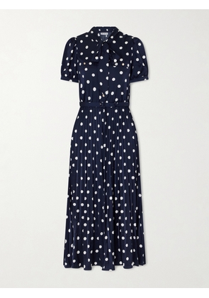 Self-Portrait - Pussy-bow Belted Pleated Polka-dot Satin Midi Dress - Blue - UK 4,UK 6,UK 8,UK 10,UK 12,UK 14,UK 16