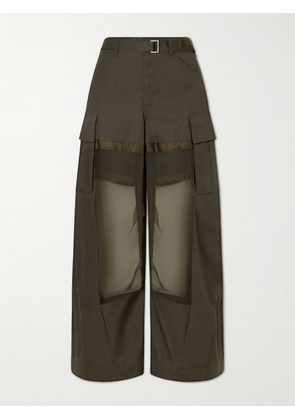 Sacai - Chiffon-trimmed Cotton Wide-leg Pants - Green - 0,1,2,3,4