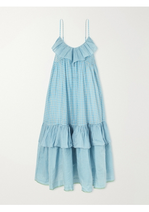 Eka - Teek Ruffled Tiered Checked Cotton Dress - Blue - x small,small,medium,large,x large