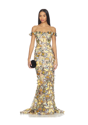 Bronx and Banco Bella Butterfly Jasmine Off The Shoulder Gown in Tan,Orange. Size L. Also in M, S, XS.