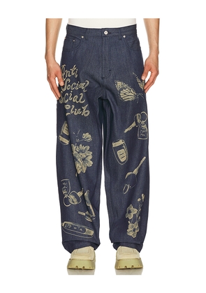 Anti Social Social Club Laser-Etched Jeans in Blue. Size 30. Also in 32, 34, 36.