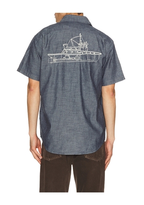 Filson Embroidered Chambray Shirt in Blue. Size L. Also in M, S, XL/1X.