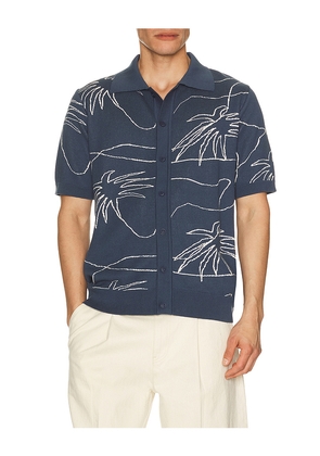 Far Afield Palms Knitted Shirt in Blue. Size L. Also in M, S, XL/1X.