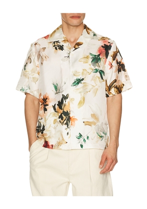 SIMKHAI Casper Printed Silk Shirt in Beige. Size L. Also in M, S, XL/1X.