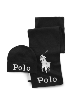 Polo Ralph Lauren Stacked Polo Pony jacquard scarf and beanie hat set - Black