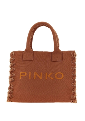PINKO medium Beach frayed logo-embroidered tote bag - Brown