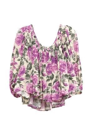 Chloé floral-print puff-sleeve cropped silk top - Purple