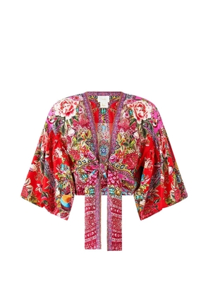 Camilla puff-sleeve tie-front top - Red