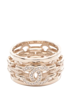CHANEL Pre-Owned 2025 Gold Plated CC Rhinestone Interlocking Chain Ring costume ring