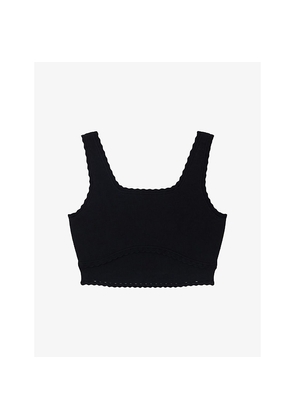 Womens Sandro Cropped Scalloped-Trim Stretch-Knit Jumper