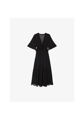Womens The Kooples V-Neck Short-Sleeve Woven Midi Dress