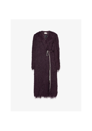 Womens Dries Van Noten Collarless Belted Fringed Coat