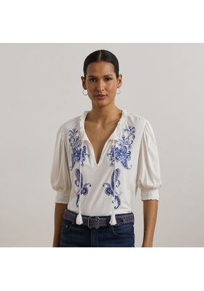 Embroidered Jersey Tie-Neck Top