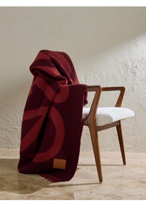 LOEWE - Anagram Leather-Appliquéd Fringed Logo-Jacquard Wool and Cashmere-Blend Blanket - Men - Burgundy