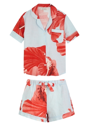 Desmond & Dempsey Floral-printed Linen Pyjama set - Red - M (UK12 / M)
