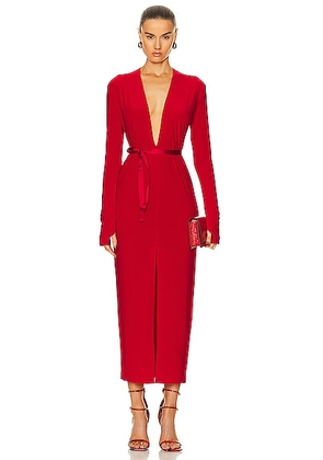 Norma Kamali Long Sleeve Deep V Neck Center Front Slit Gown in Tiger Red - Red. Size XS (also in ).