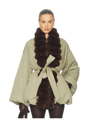 Helsa Bubble Puffer With Faux Fur in Green. Size L. Also in M, S, XL, XS.