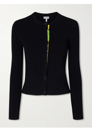 LOEWE - Satin-trimmed Ribbed-knit Cardigan - Black - x small,small,medium,large