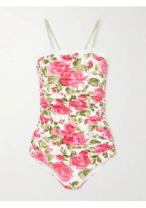 Chloé - Bow-detailed Ruched Lace-trimmed Floral-print Swimsuit - White - FR 34,FR 36,FR 38,FR 40,FR 42,FR 44