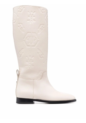Philipp Plein embossed-logo knee-high boots - Neutrals