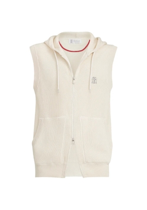 Brunello Cucinelli cotton English rib knit hooded vest with logo and zipper - Neutrals