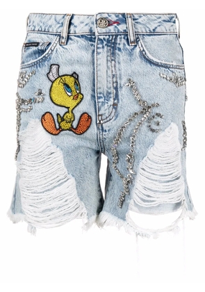 Philipp Plein Looney Tunes-embellished denim shorts - Blue