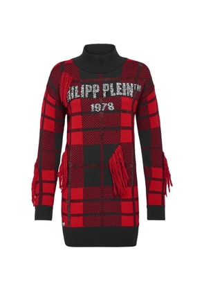 Philipp Plein tartan fringe round neck knitwear - Black