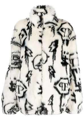 Philipp Plein monogram-print faux fur coat - White