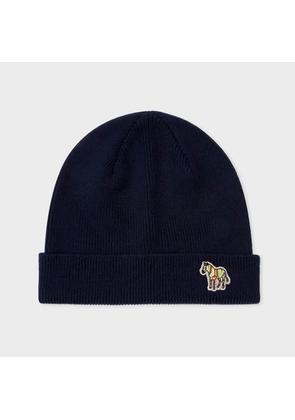 Paul Smith Navy Merino Wool Zebra Beanie Hat Blue