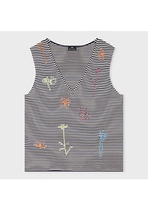 PS Paul Smith Women's Navy and White Cotton Stripe 'Embroidered Flowers' Knitted Vest Blue