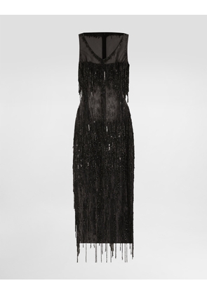 Dolce & Gabbana Sleeveless Calf-length Marquisette Dress With Sequined Fringing - Woman Dresses Black 38