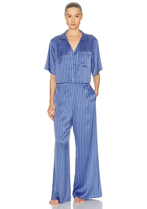 LUNYA Washable Silk High Rise Pant Set in Coastal Stripe - Blue. Size L (also in M, S, XS).