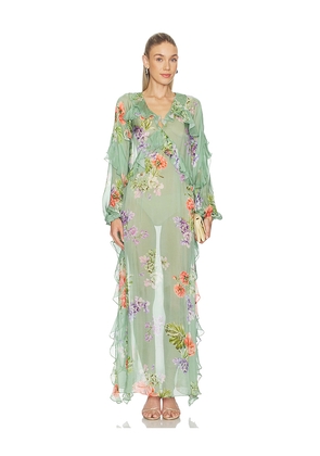 HEMANT AND NANDITA Long Ruffle Kaftan in Green. Size L. Also in M, S, XL, XS, XXL, XXS.