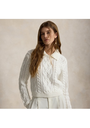 Aran-Knit Cotton Polo-Collar Jumper