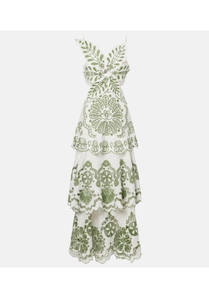 Farm Rio Broderie anglaise tiered linen maxi dress