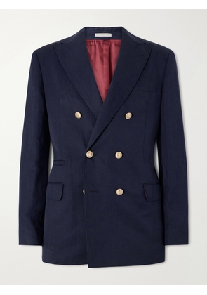 Brunello Cucinelli - Double-Breasted Silk and Linen-Blend Blazer - Men - Blue - IT 46