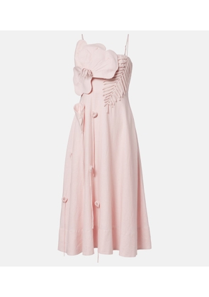 Farm Rio Floral-applique linen-blend midi dress