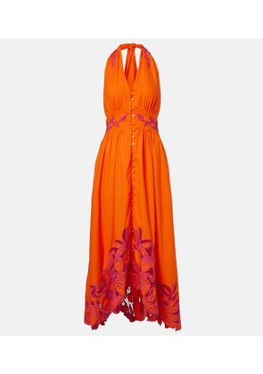 Farm Rio Broderie anglaise linen-blend halterneck midi dress