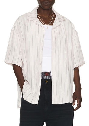 Willy Chavarria Camp Collar Short Sleeve Shirt in White & Black Stripe - Blush. Size XL/1X (also in ).
