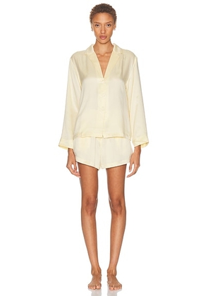 LUNYA Washable Silk Button Up Long Sleeve Short Pajama Set in French Butter - Yellow. Size L (also in M, S, XS).
