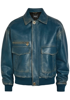 Versace Logo-embossed Distressed Leather Jacket - Blue - 50 (IT50 / L)