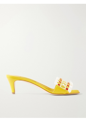 Manolo Blahnik - Moremu 50 Raffia-trimmed Leather Mules - Yellow - IT36,IT37,IT38,IT38.5,IT39,IT39.5,IT40,IT40.5,IT41,IT42