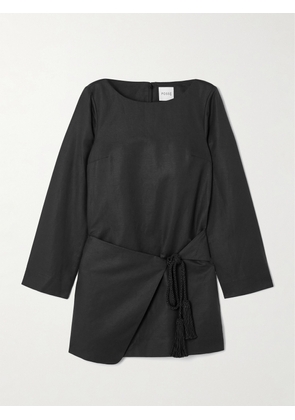 Posse - Yvette Tie-detailed Draped Linen And Cotton-blend Mini Dress - Black - xx small,x small,small,medium,large,x large