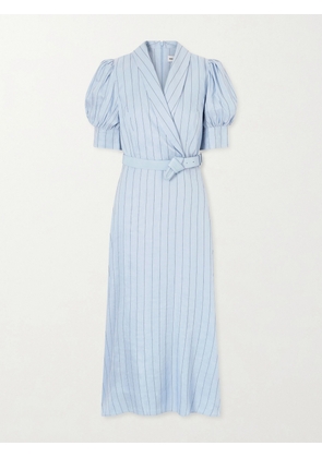 Rebecca Vallance - Effie Belted Striped Linen-blend Midi Dress - Blue - UK 4,UK 6,UK 8,UK 10,UK 12,UK 14,UK 16