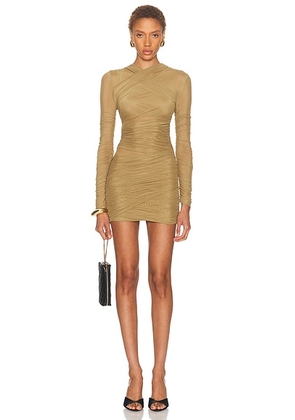 SEROYA Moxey Ruched Mesh Mini Dress in Ochre - Olive. Size L (also in M, S, XL, XS).