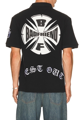 Badfriend Best Out Embroidered Knit Polo in Black & White - Black. Size L (also in M, S, XL/1X).