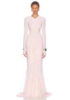 Norma Kamali Long Sleeve V Neck Shirred Front Fishtail Gown in Ballet Pink - Pink. Size L (also in M, S, XL, XS).